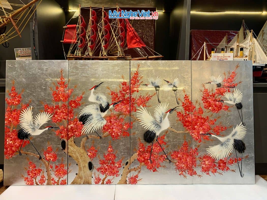 Bộ Tranh Sơn Mài Cò Đào Dát Lá Bạc