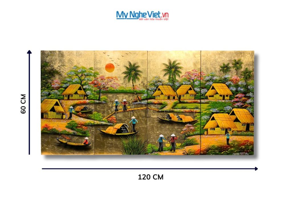 Bộ Tranh Sơn Mài Đồng Quê Dát Lá Vàng cẩn ốc cao cấp