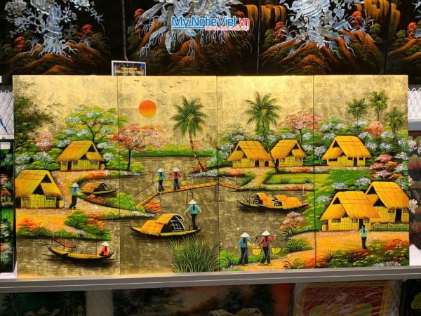 Bộ Tranh Sơn Mài Đồng Quê Dát Lá Vàng cẩn ốc cao cấp