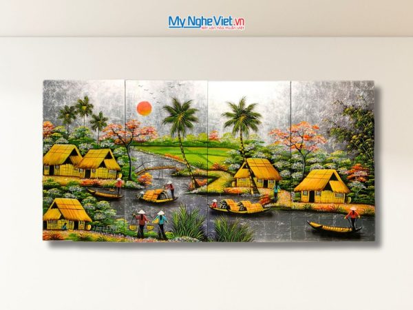 Bộ Tranh Sơn Mài Đồng Quê Dát Lá Bạc cẩn ốc cao cấp