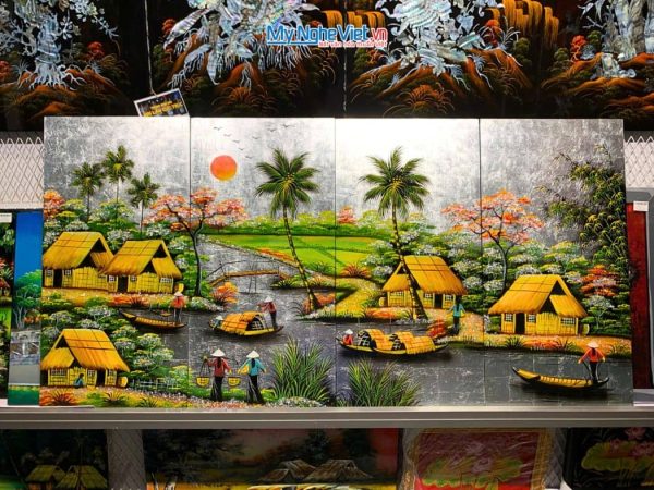 Bộ Tranh Sơn Mài Đồng Quê Dát Lá Bạc cẩn ốc cao cấp