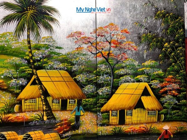 Bộ Tranh Sơn Mài Đồng Quê Dát Lá Bạc cẩn ốc cao cấp