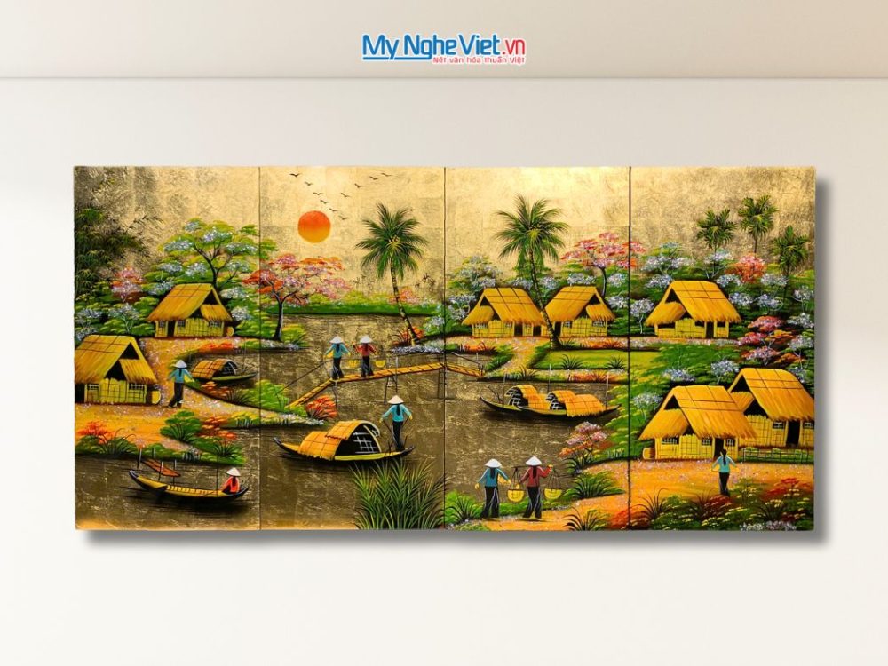 Bộ Tranh Sơn Mài Đồng Quê Dát Lá Vàng cẩn ốc cao cấp