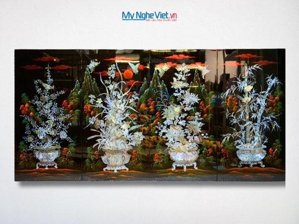 Bộ tranh sơn mài mai lan cúc trúc nền ấm cẩn chìm chậu