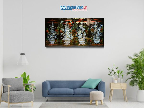 Bộ tranh sơn mài mai lan cúc trúc nền ấm cẩn chìm chậu