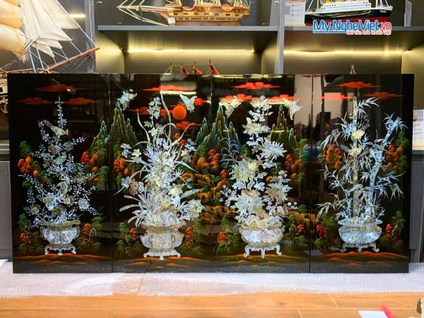 Bộ tranh sơn mài mai lan cúc trúc nền ấm cẩn chìm chậu