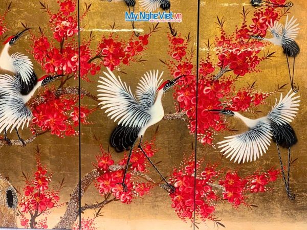 Bộ tranh sơn mài cò đào dát lá vàng