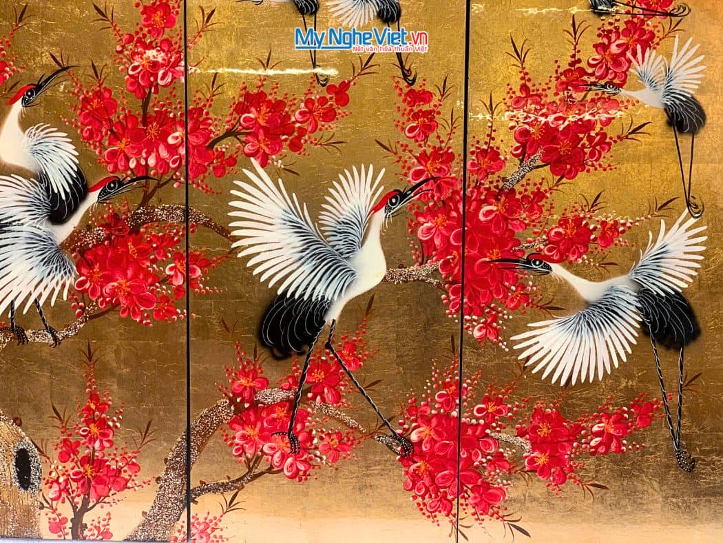 Bộ tranh sơn mài cò đào dát lá vàng