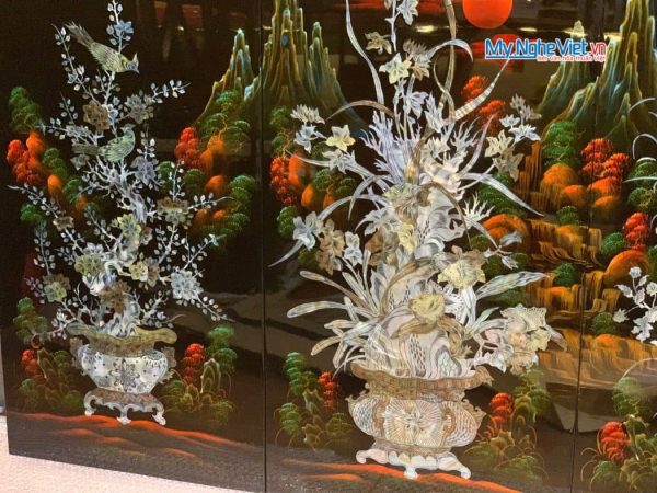 Bộ tranh sơn mài mai lan cúc trúc nền ấm cẩn chìm chậu