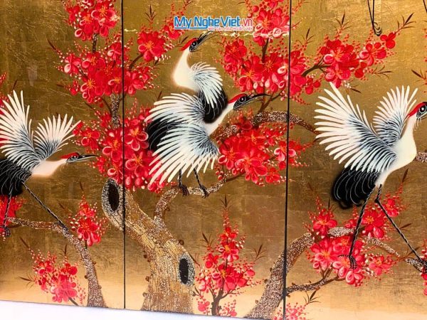 Bộ tranh sơn mài cò đào dát lá vàng