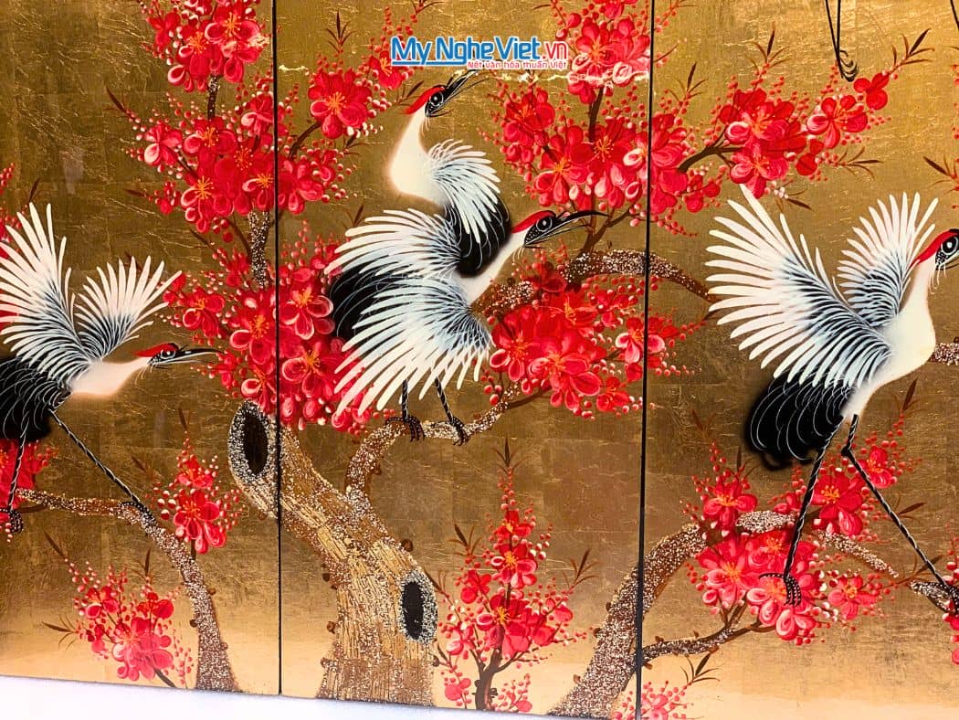 Bộ tranh sơn mài cò đào dát lá vàng