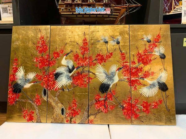 Bộ tranh sơn mài cò đào dát lá vàng