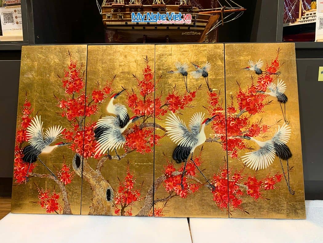 Bộ tranh sơn mài cò đào dát lá vàng