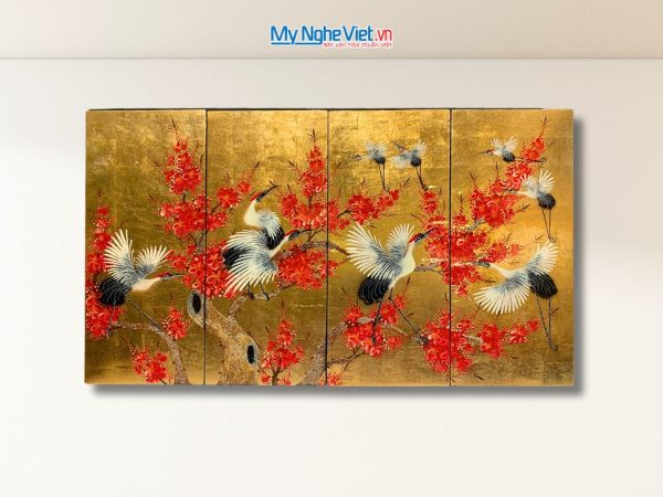Bộ tranh sơn mài cò đào dát lá vàng