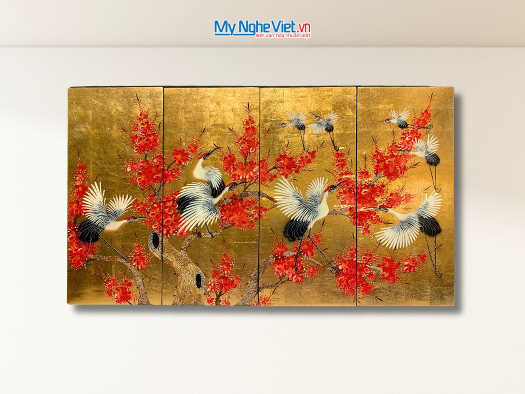 Bộ tranh sơn mài cò đào dát lá vàng