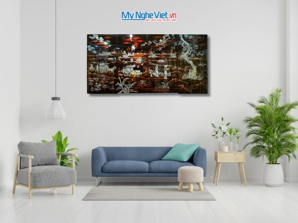 Bộ tranh sơn mài đồng quê nền ấm cẩn ốc chìm cao cấp