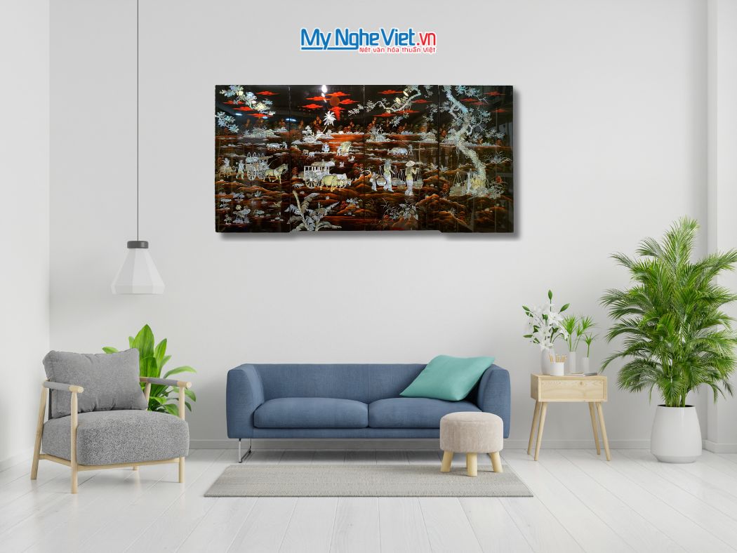 Bộ tranh sơn mài đồng quê nền ấm cẩn ốc chìm cao cấp