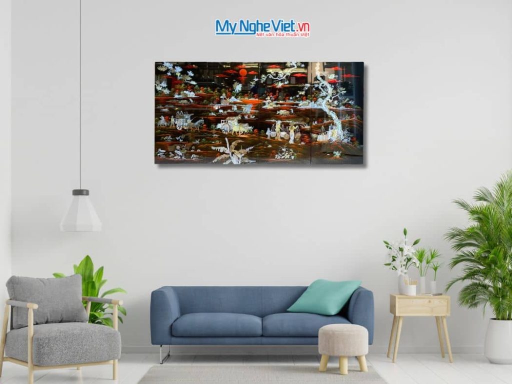 Bộ tranh sơn mài đồng quê nền ấm cẩn ốc chìm cao cấp