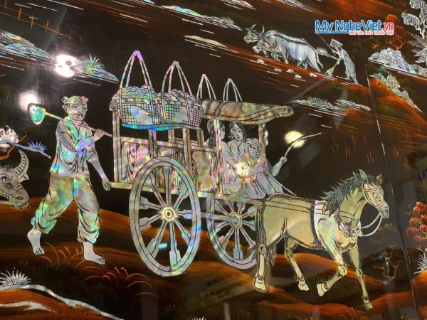 Bộ tranh sơn mài đồng quê nền ấm cẩn ốc chìm cao cấp