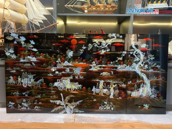 Bộ tranh sơn mài đồng quê nền ấm cẩn ốc chìm cao cấp