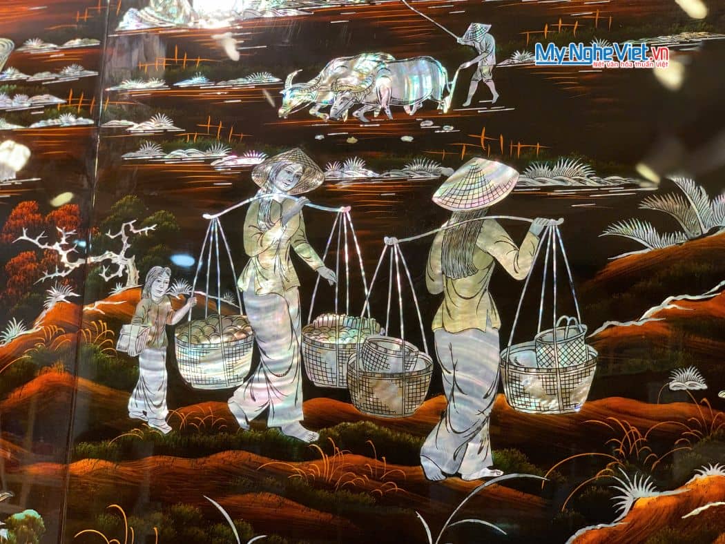 Bộ tranh sơn mài đồng quê nền ấm cẩn ốc chìm cao cấp