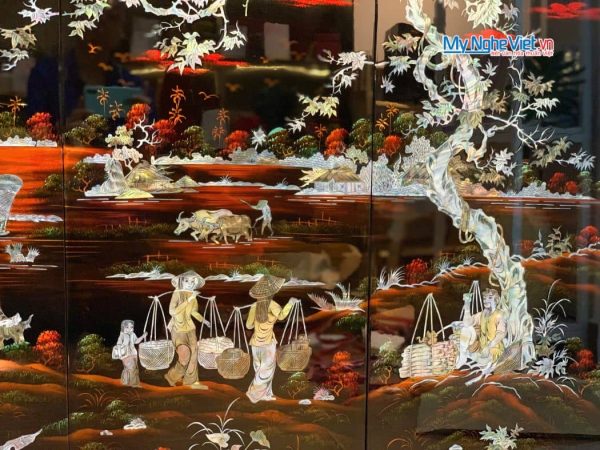 Bộ tranh sơn mài đồng quê nền ấm cẩn ốc chìm cao cấp