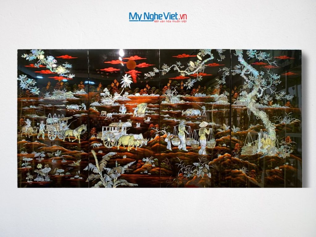 Bộ tranh sơn mài đồng quê nền ấm cẩn ốc chìm cao cấp