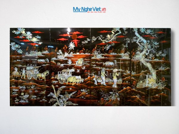 Bộ tranh sơn mài đồng quê nền ấm cẩn ốc chìm cao cấp