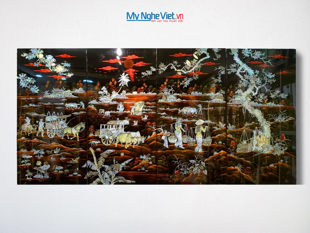 Bộ tranh sơn mài đồng quê nền ấm cẩn ốc chìm cao cấp