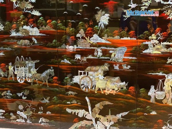 Bộ tranh sơn mài đồng quê nền ấm cẩn ốc chìm cao cấp