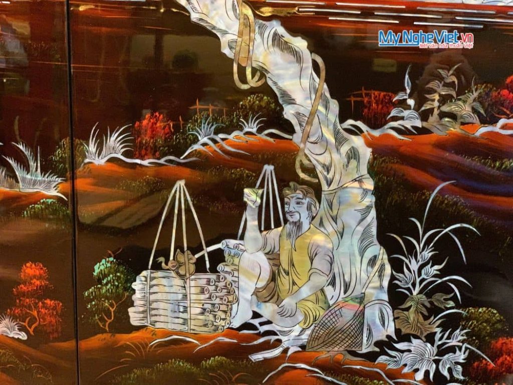 Bộ tranh sơn mài đồng quê nền ấm cẩn ốc chìm cao cấp