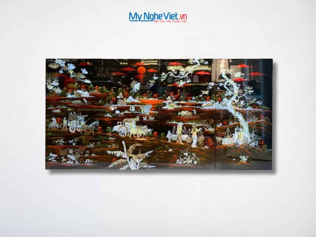 Bộ tranh sơn mài đồng quê nền ấm cẩn ốc chìm cao cấp
