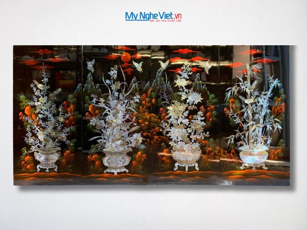 Bộ 4 tranh sơn mài mai lan cúc trúc nền ấm cẩn chìm chậu