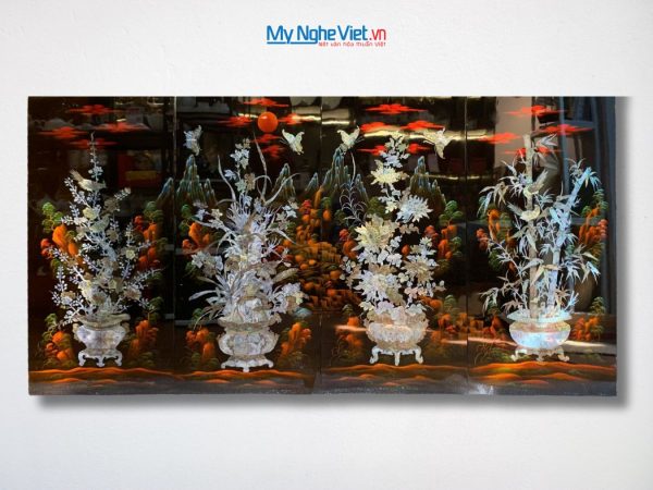 Bộ 4 tranh sơn mài mai lan cúc trúc nền ấm cẩn chìm chậu