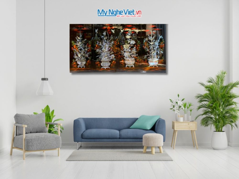 Bộ 4 tranh sơn mài mai lan cúc trúc nền ấm cẩn chìm chậu