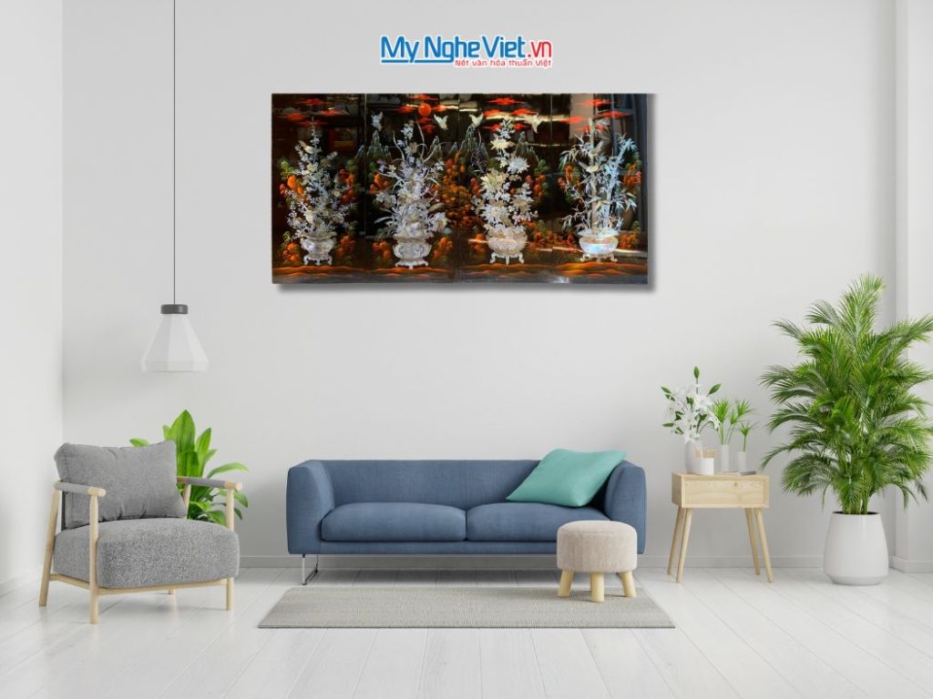 Bộ 4 tranh sơn mài mai lan cúc trúc nền ấm cẩn chìm chậu