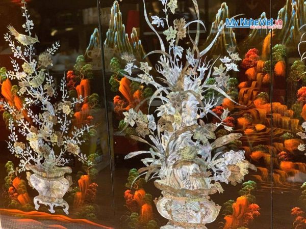 Bộ 4 tranh sơn mài mai lan cúc trúc nền ấm cẩn chìm chậu