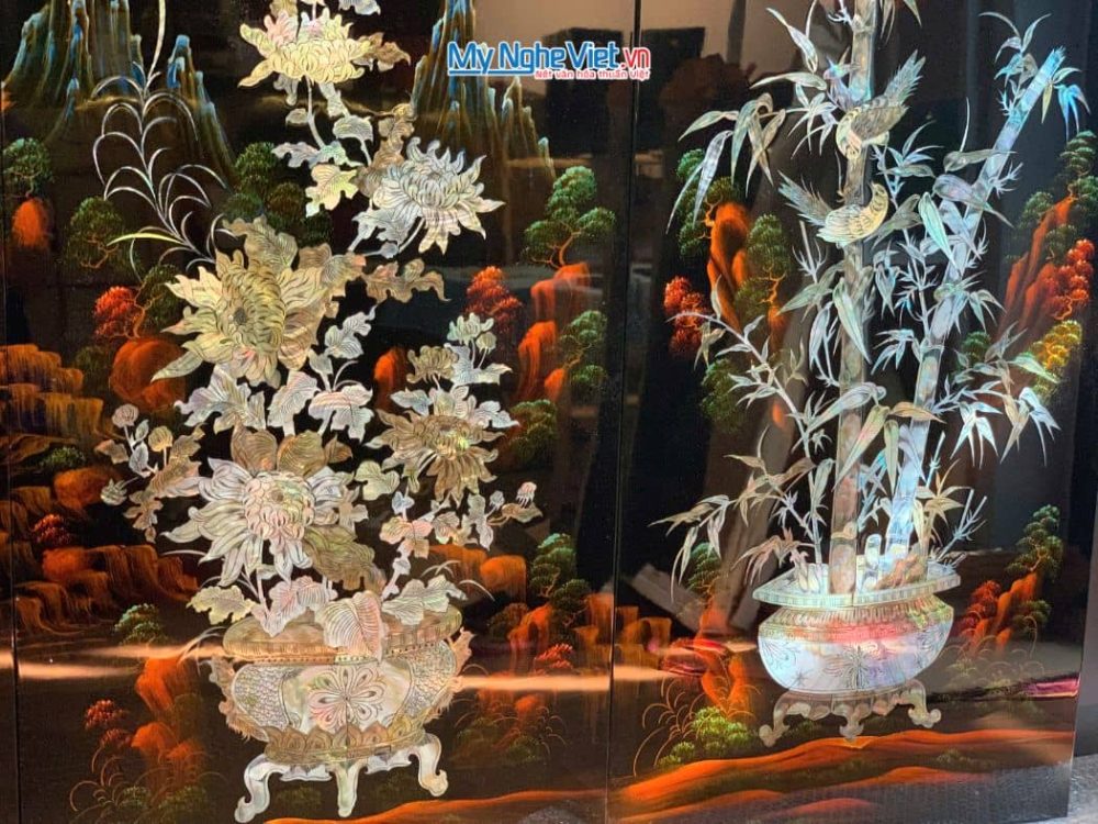 Bộ 4 tranh sơn mài mai lan cúc trúc nền ấm cẩn chìm chậu