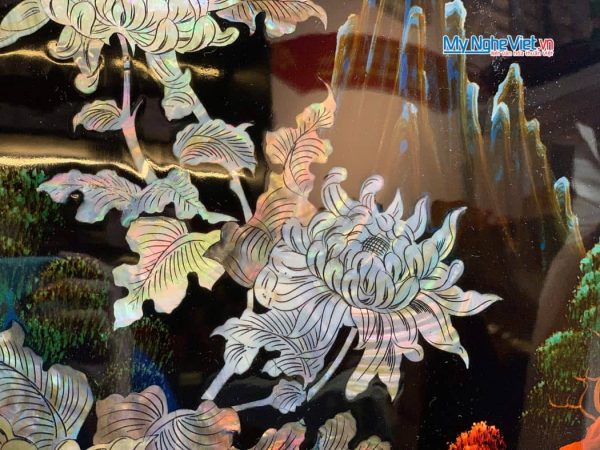 Bộ 4 tranh sơn mài mai lan cúc trúc nền ấm cẩn chìm chậu