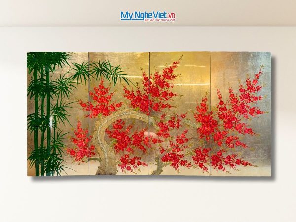 Bộ tranh sơn mài trúc đào dát lá vàng