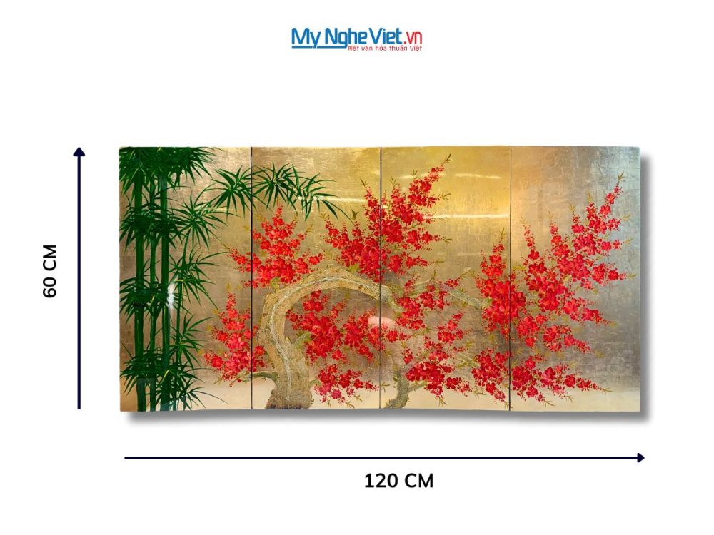 Bộ tranh sơn mài trúc đào dát lá vàng