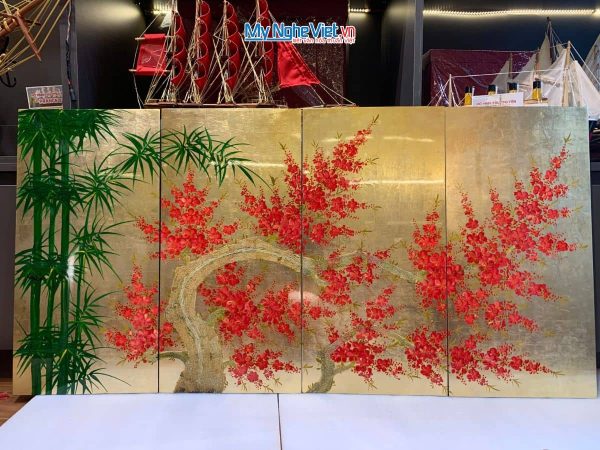 Bộ tranh sơn mài trúc đào dát lá vàng