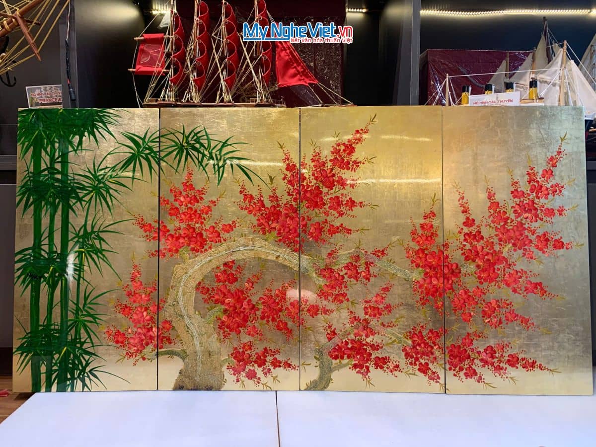 Bộ tranh sơn mài trúc đào dát lá vàng