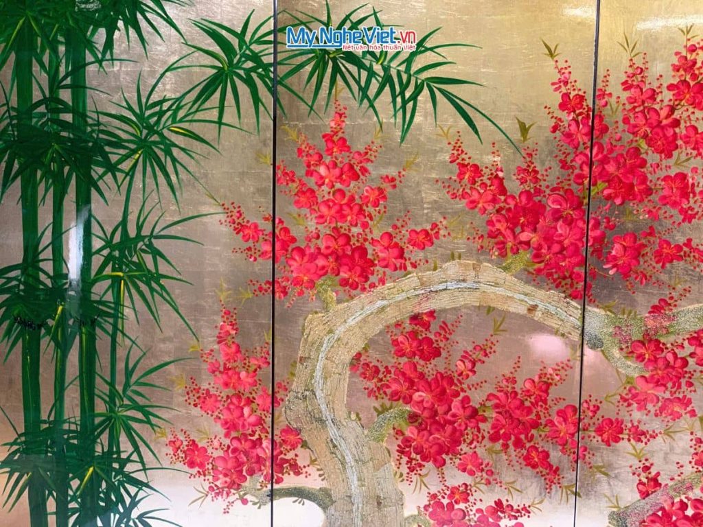 Bộ tranh sơn mài trúc đào dát lá vàng