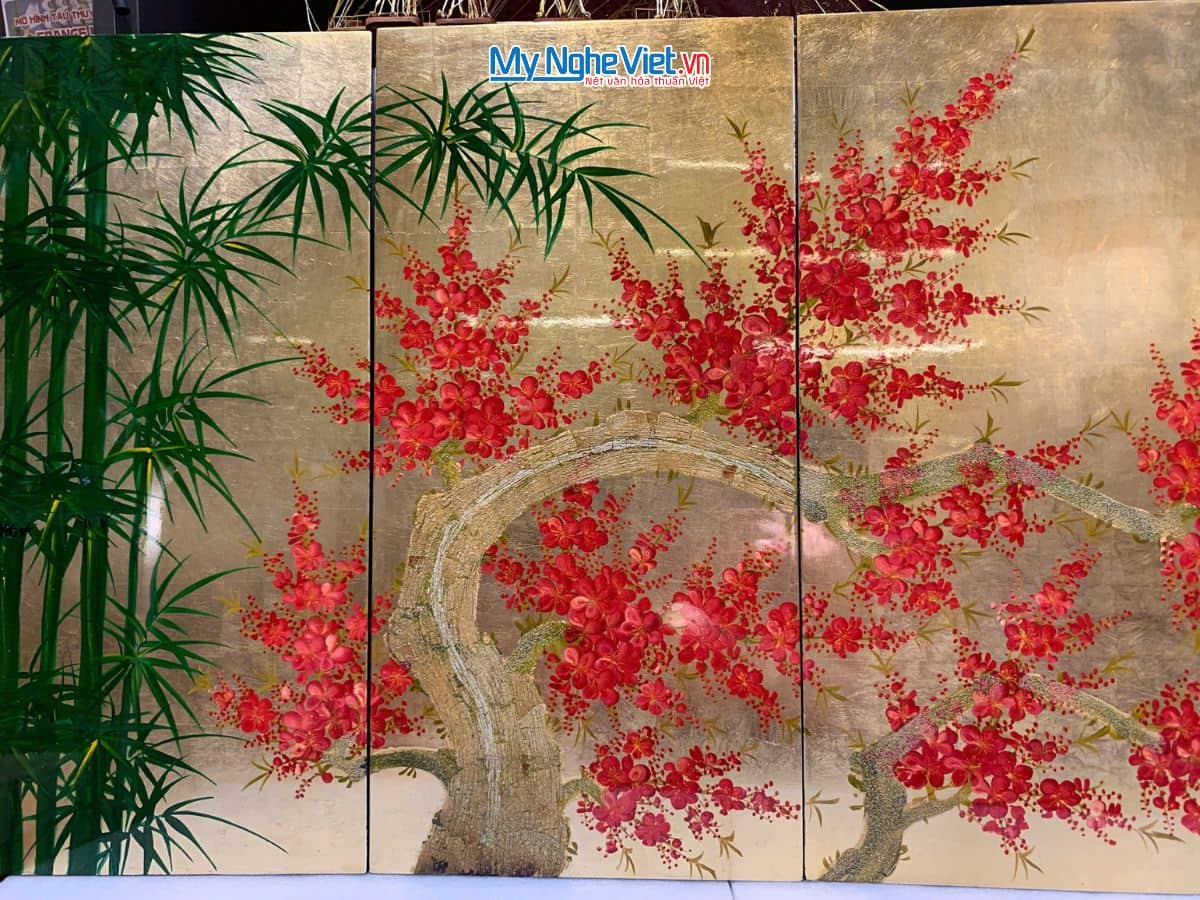 Bộ tranh sơn mài trúc đào dát lá vàng