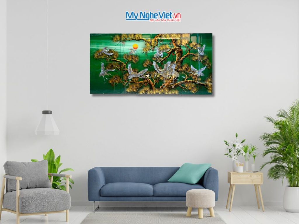 Bộ tranh sơn mài tùng cò lá xanh cẩn ốc nổi cao cấp