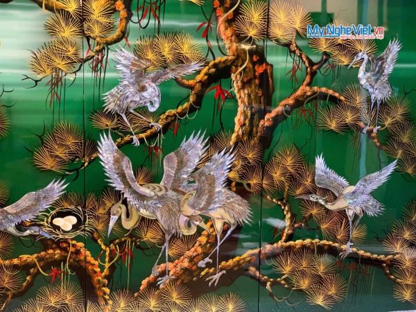 Bộ tranh sơn mài tùng cò lá xanh cẩn ốc nổi cao cấp