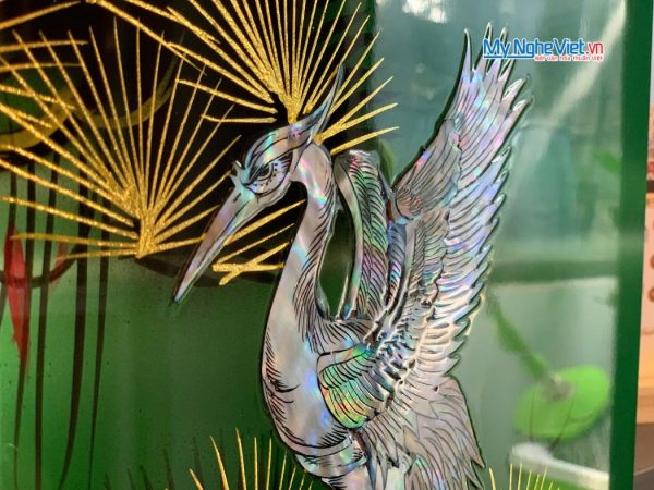 Bộ tranh sơn mài tùng cò lá xanh cẩn ốc nổi cao cấp