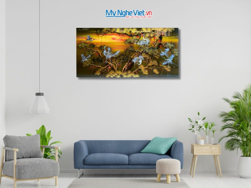 Bộ tranh sơn mài đàn hạc tiên cò nâu cao cấp