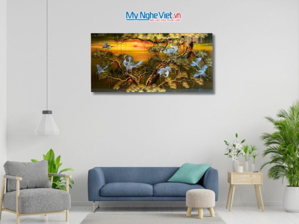 Bộ tranh sơn mài đàn hạc tiên cò nâu cao cấp